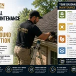 Haven Roofing technician cleaning residential gutters while performing seasonal roof maintenance with an infographic showing spring, summer, fall, and winter roof maintenance tasks.
