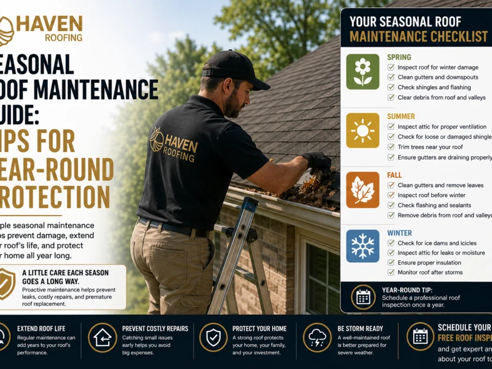 Haven Roofing technician cleaning residential gutters while performing seasonal roof maintenance with an infographic showing spring, summer, fall, and winter roof maintenance tasks.