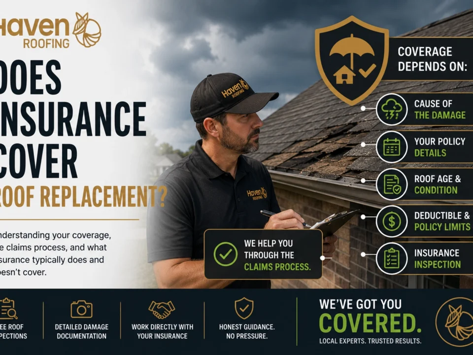 Haven Roofing contractor inspecting storm damage on a residential roof with insurance coverage factors including damage cause, policy details, roof condition, deductible, and inspection.