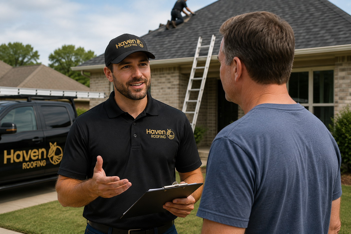 Haven Roofing consultant discussing a roof inspection with a homeowner while a roofing crew works on a residential roof in Memphis, Tennessee.