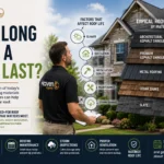 Haven Roofing inspector evaluating a residential roof alongside a comparison chart showing the typical lifespan of architectural shingles, premium asphalt shingles, metal roofing, cedar shake, and slate roofing materials.