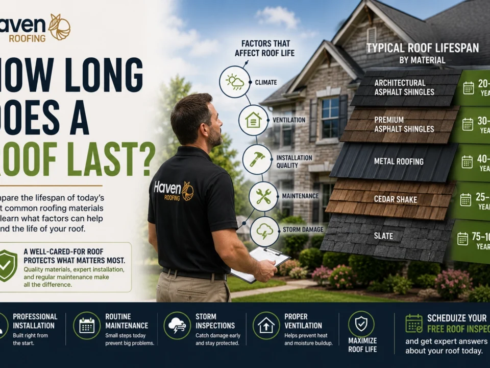 Haven Roofing inspector evaluating a residential roof alongside a comparison chart showing the typical lifespan of architectural shingles, premium asphalt shingles, metal roofing, cedar shake, and slate roofing materials.
