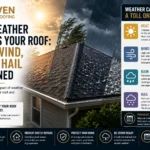Illustration showing how heat, wind, rain, and hail affect a residential asphalt shingle roof with educational callouts from Haven Roofing.