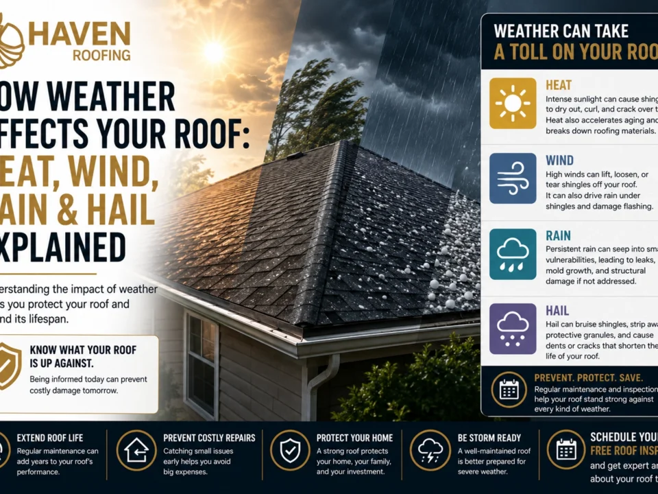 Illustration showing how heat, wind, rain, and hail affect a residential asphalt shingle roof with educational callouts from Haven Roofing.