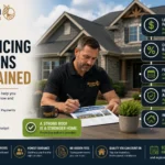 Homeowner reviewing roof financing options with a Haven Roofing representative while educational callouts explain affordable monthly payments, competitive rates, flexible financing terms, fast approval, and financing for roof replacement.