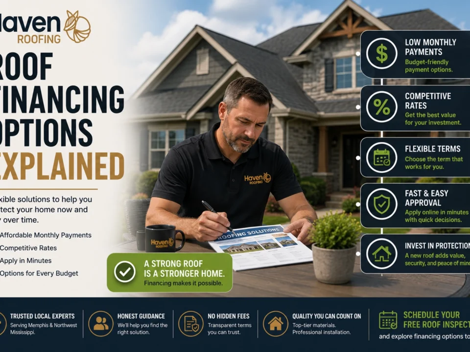 Homeowner reviewing roof financing options with a Haven Roofing representative while educational callouts explain affordable monthly payments, competitive rates, flexible financing terms, fast approval, and financing for roof replacement.