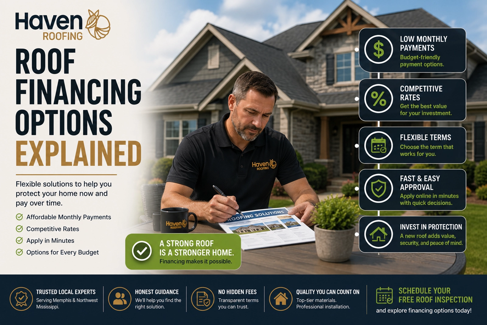 Haven Roofing consultant providing a roof replacement estimate to a homeowner in Memphis, TN.