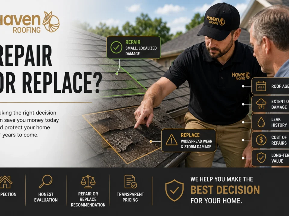 Haven Roofing contractor inspecting a residential roof to determine whether a repair or full roof replacement is the best solution.
