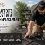 Haven Roofing contractor inspecting an asphalt shingle roof with graphics highlighting the factors that affect the cost of a roof replacement.