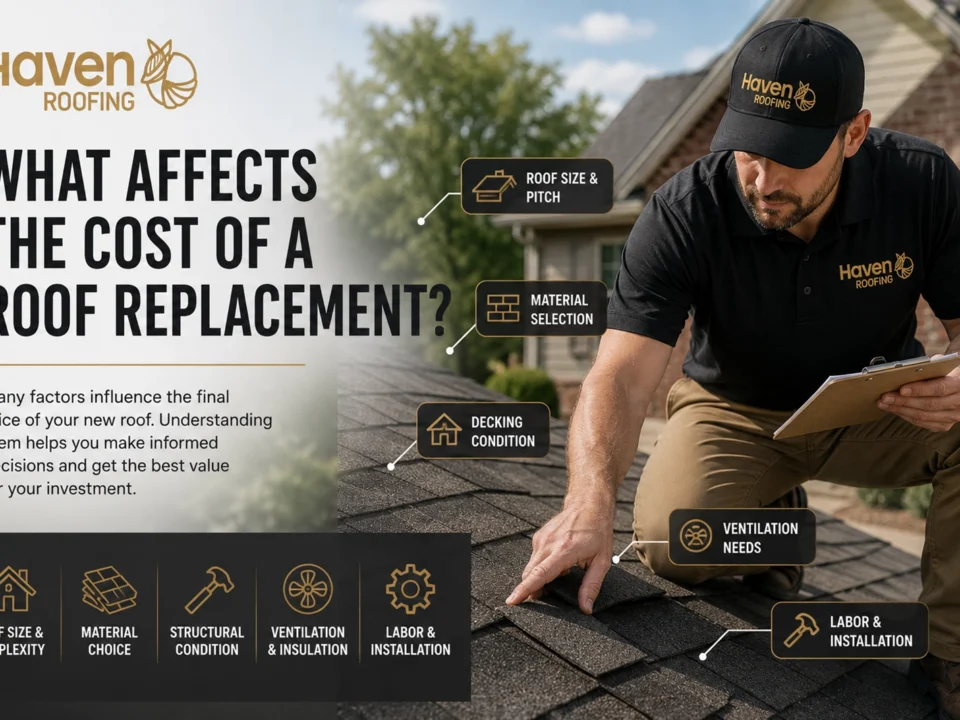 Haven Roofing contractor inspecting an asphalt shingle roof with graphics highlighting the factors that affect the cost of a roof replacement.