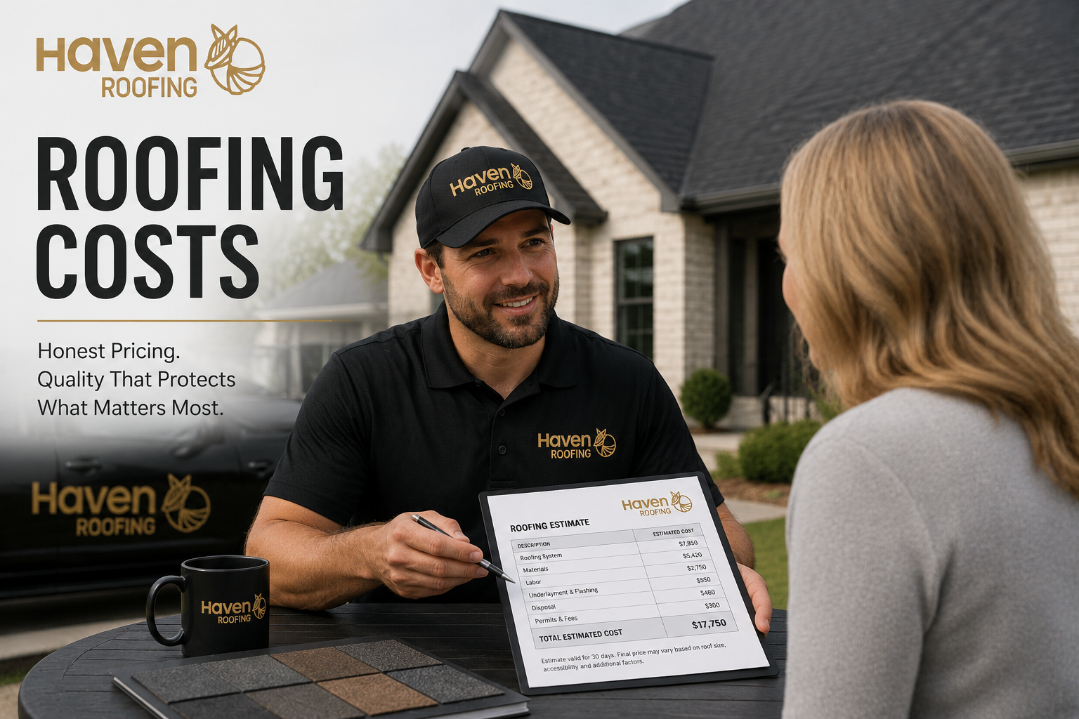 Haven Roofing representative reviewing a roof replacement estimate with a homeowner outside a residential home.
