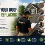Haven Roofing inspector examining a residential roof alongside an infographic highlighting common roof replacement warning signs including curling shingles, missing shingles, water stains, damaged flashing, and sagging roof lines.