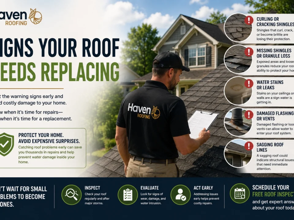 Haven Roofing inspector examining a residential roof alongside an infographic highlighting common roof replacement warning signs including curling shingles, missing shingles, water stains, damaged flashing, and sagging roof lines.