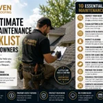 Haven Roofing professional inspecting an asphalt shingle roof with a checklist showing roofing materials, flashing, gutters, ventilation, structural components, and signs of leaks.