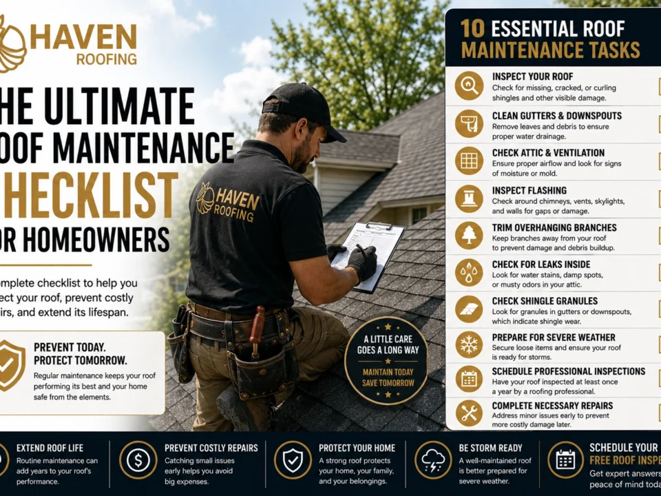 Haven Roofing professional inspecting an asphalt shingle roof with a checklist showing roofing materials, flashing, gutters, ventilation, structural components, and signs of leaks.